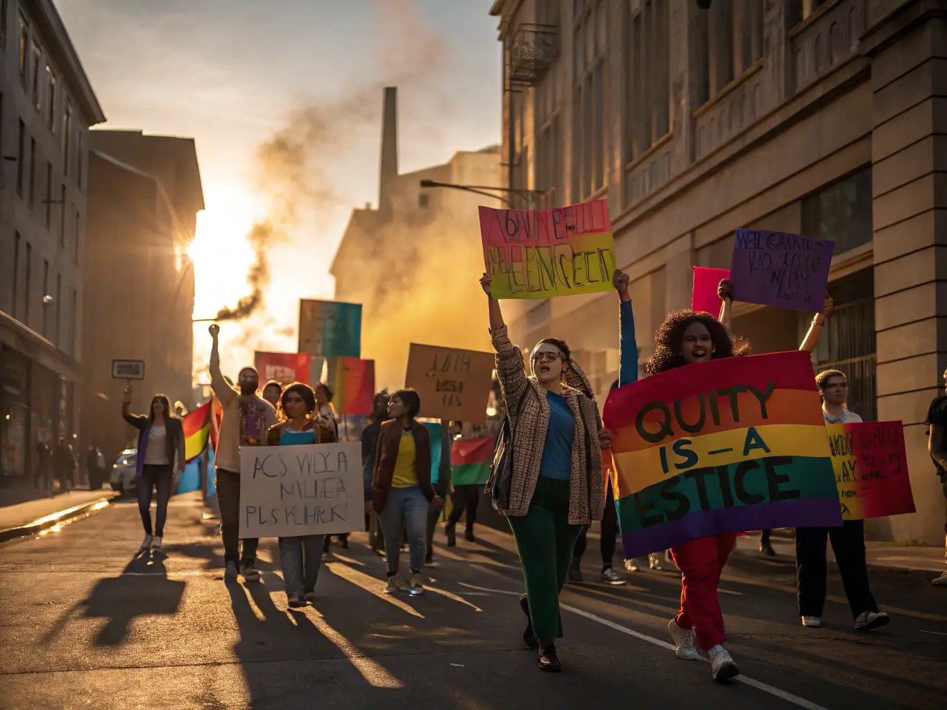 A group of people protesting peacefully in front of a corporate building, holding signs advocating for food system reform and corporate accountability.